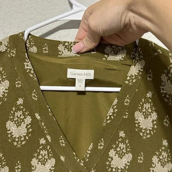 Garnet Hill Olive Green Floral Drop Waist Dress Women’s Size 2 Button Up Pockets - Picture 4 of 11
